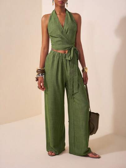 Zivah 2025 Summer New Style Birthday Party Daily Outing Basic And Versatile Leisure Vacation Cruise Travel Beach Seaside Sunbathing Internet Celebrity Hot Style Street Style Elegant Commuter Business Casual Halter Strap Sexy Backless Slim Fit Women's Top And Wide Leg Pants Pockets Top Wrap Military Green Textured Bamboo Fabric Summer Suit Women's Two-Piece Suit