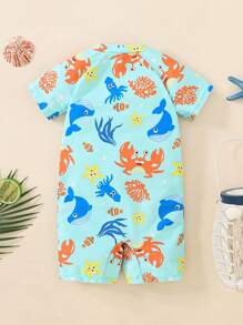 SHEIN Leap Crew 男宝宝/女宝宝蓝色螃蟹和海洋生物针织软领连体泳衣适合海滩度假游泳，夏季