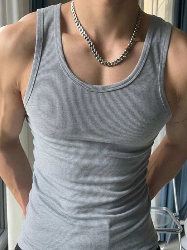 Manfinity Dauomo Men's Summer Solid Color Ribbed Athletic Casual Tank Top