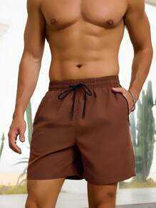 Manfinity Swimmode Men's Solid Simple Casual Beach Shorts(Random Print) - Chocolate Brown - View 3