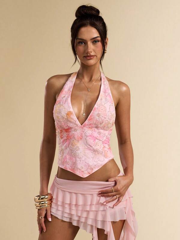SHEIN BAE Bluză scurtă elegantă cu bretele tip spaghete, cu talie joasă, cu imprimeu floral și inele, culoare roz uni, potrivită pentru festivaluri de muzică și vacanțe la plajă