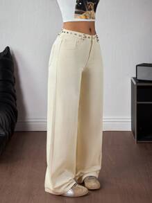 INAWLY INAWLY Women's Casual Chic Simple Solid Color Rivet Decor Loose Wide Leg Jeans - Beige - View 4