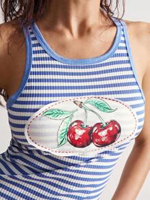 Bohemela Women's Casual Knit Cherry Stripe Print Tank Top - Blue and White - View 3