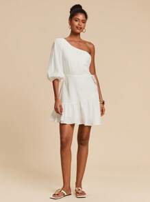 Travachic Váy trắng đi nghỉ tay đèn lồng một bên vai màu trơn dành cho nữ - trắng - Xem 7