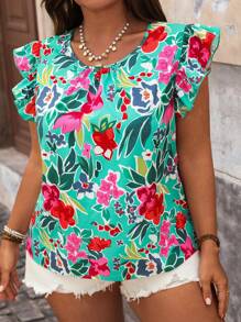 SHEIN VCAY 大码女式时尚印花盖袖夏季衬衫 - 彩色 - 查看 5