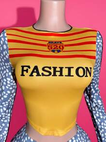 Slaydiva 2025 Summer New Style College Style Birthday Party Graduation Season Student Wear Daily Street Basic Versatile Casual Popular Online Style Street Style Round Neck Long Sleeves Cropped Tight Top And Tight Shorts Contrast Stripes Leopard Print Wave Edge Asymmetrical Hem Cuffs Summer Suit Women's Two-Piece Suit - Multicolor - View 6