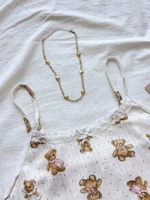 Teen Girls Spring & Summer Valentines, House, Clean Girl/American BM Style, Lace Ruffle Bow Bear Graphic Camisole Top And Shorts Cute Clothes Set