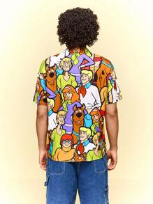 SCOOBY-DOO X SHEIN Men's Cartoon Pattern Front Button Short Sleeve Shirt, Summer