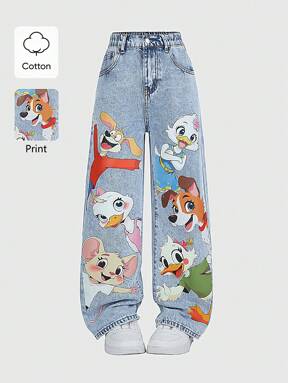 Tween Girls Fashion Cute Funny Cartoon Animal Print Light Wash Loose Elastic Waist Jeans, Anime Jeans, Cute Baggy Jeans