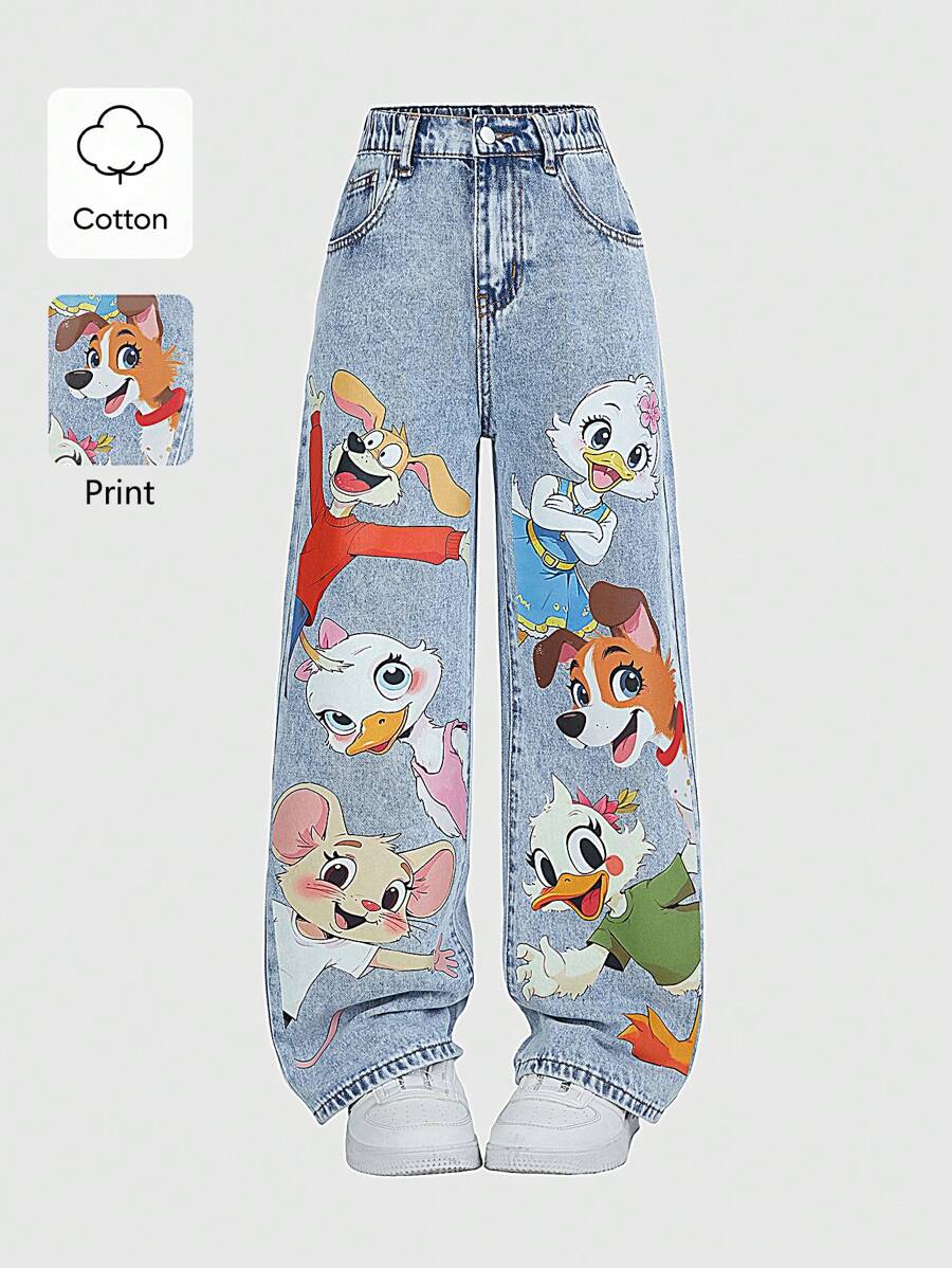 SHEIN ChillGRL 青少年女孩时尚可爱搞笑卡通动物印花浅色水洗宽松松紧腰牛仔裤 - 淺色水洗藍 - 查看 1