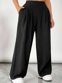SHEIN VCAY Plus Size Solid Color Elastic Waist Pocket Relaxed Straight Pants