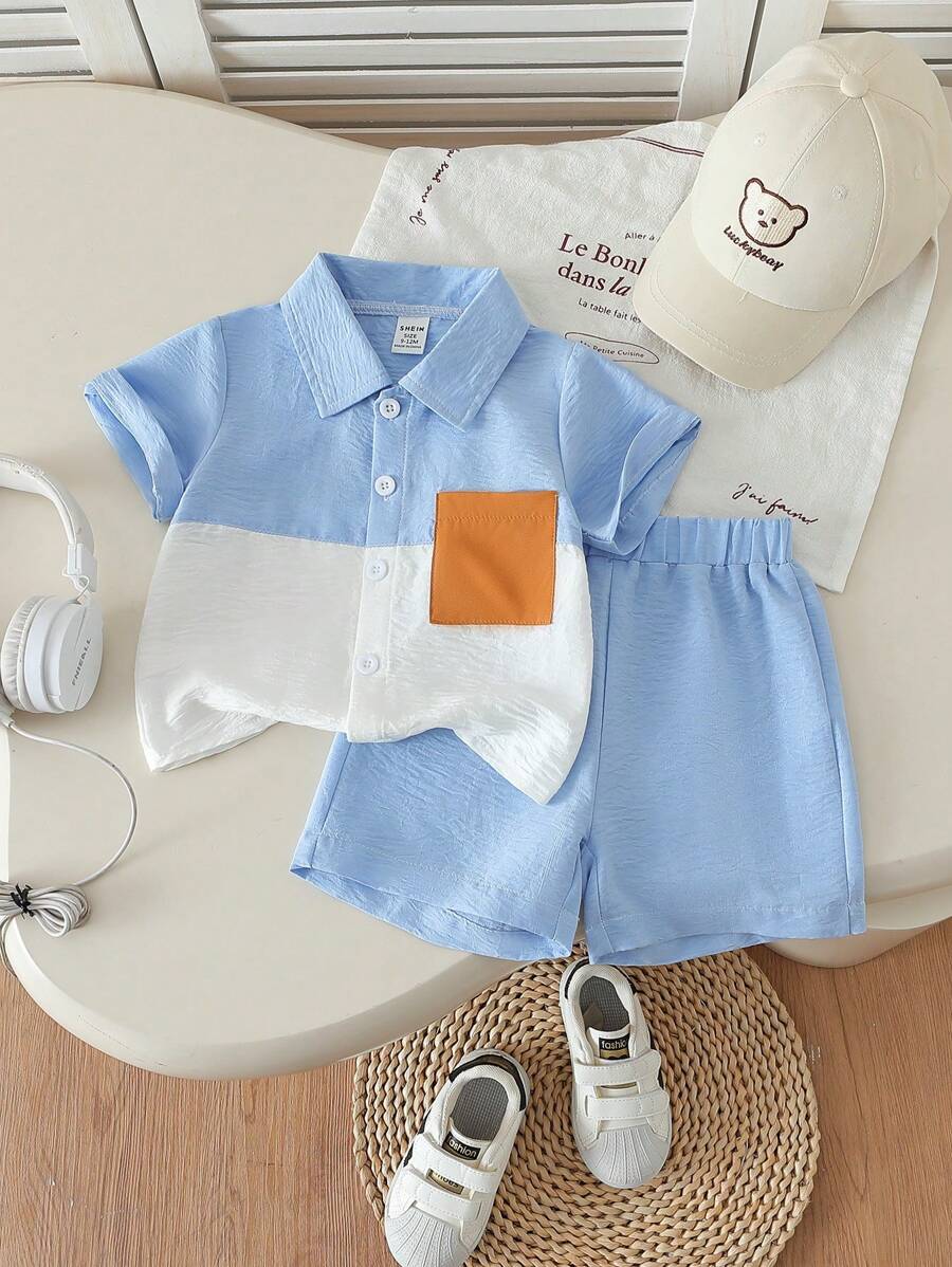 SHEIN 2 件套男婴第一个母亲节服装 - 休闲时尚单排扣柔软衬衫,短袖上衣采用独特彩色口袋设计,松紧腰短裤,适合夏季户外活动 - 彩色 - 查看 1