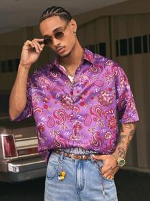 AXEPEAK Men's Paisley Print Button Front Casual Short Sleeve Shirt, Summer - Purple - View 3