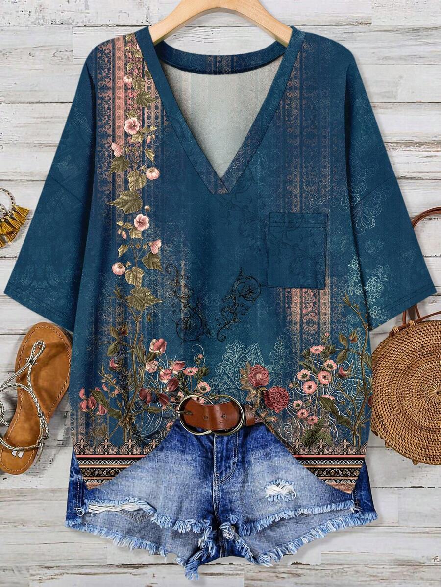 SHEIN LUNE Camiseta informal con estampado floral, de corte minimalista, adecuada para vacaciones de verano, talla grande - Multicolor - Ver 1