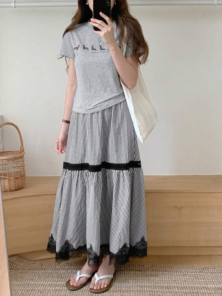 Women's Summer Round Neck Short Sleeve Top And Plaid Lace Splice Skirt, 2 Pieces Set, Casual