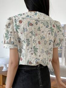 DAZY Floral Embroidery Peter Pan Collar Puff Sleeve Blouse