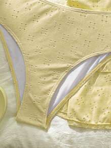 Swim Mod 女士夏季沙滩三件套泳衣套装：前交叉针织上衣，两侧蝴蝶结双层蛋糕裙 - 黃色 - 查看 4