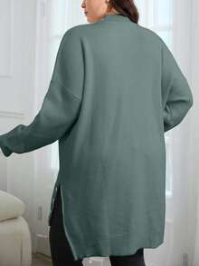 EURMUSE Plus Size Women's Solid Color Drop Shoulder Long Sleeve Side Button Design Split Hem Sweater - Mint Green - View 2