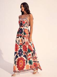 SHEIN Tall Women's Sleeveless Gathered Waist A-Line Floral Print Vacation Casual Dress, Spring/Summer,Boho Clothes Women - Apricot - View 4