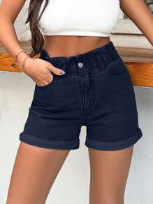 SHEIN Cottnline 100%Cotton Rigid, Elastic Band Detailed Shorts ,Petite Women - Dark Wash - View 4