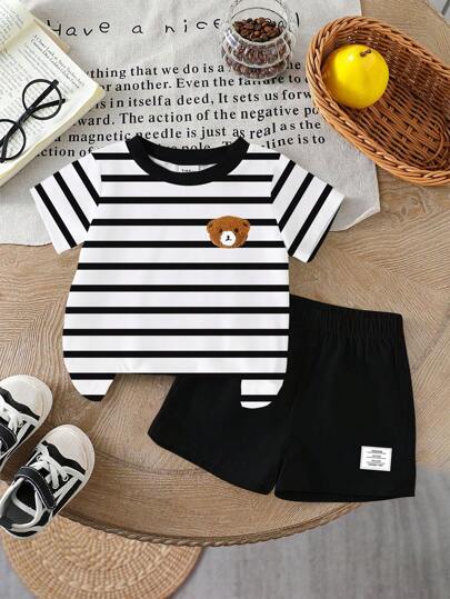 SHEIN Toddler Boys' Teddy Bear Striped Print Round Neck Short Sleeve T-Shirt And Black Shorts Casual Outfit, Summer Set