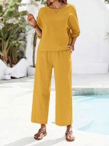 EMERY ROSE 2件套女式军绿色圆领七分袖上衣和长裤