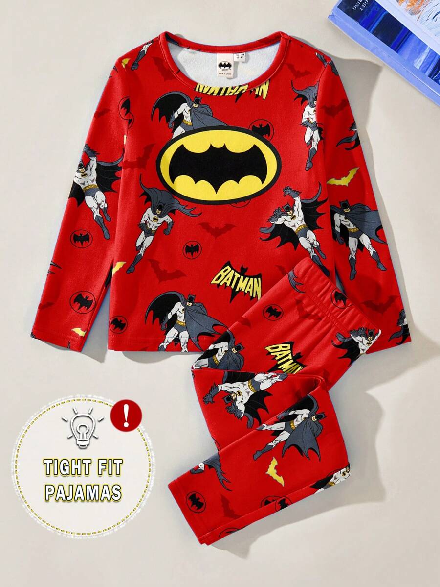 BATMAN X SHEIN 85th Young Boy Cartoon Print Knitted Crew Neck Long Sleeve Top And Long Pants High Elasticity Tight Fit Pajama Set