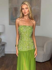 SHEIN BAE Spring/Summer Solid Green Embellished Jewel Floral Sequin Mesh Maxi Beach Holiday Dress, Summer Dress, Beach Dress, Elegant Dress Party Dresses For Women
