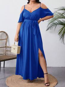 SHEIN VCAY 大码休闲纯色露肩腰系带开衩连衣裙 - 寶藍色 - 查看 7