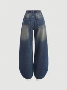 SHEIN Girlism 少女休闲宽腿宽松香蕉剪裁牛仔裤 - 中等水洗藍 - 查看 2