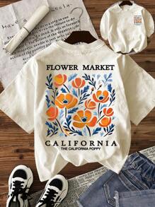 INAWLY 女士休闲字母与花卉印花圆领短袖T恤，夏季