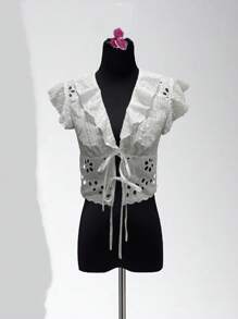 Women's Summer Cap Sleeve Hollow Embroidery Shirt - White - View 1