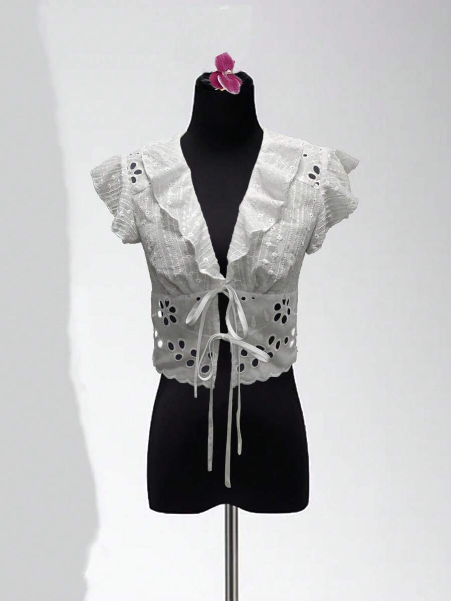 Women's Summer Cap Sleeve Hollow Embroidery Shirt - White - View 1