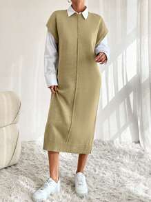 EURMUSE 纯色纽扣细节蝙蝠袖毛衣裙