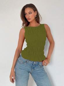 Roylia Green Crew Neck Pleated, Ruffle Hem, Sleeveless Fitted Women Tank Top - Army Green - View 4
