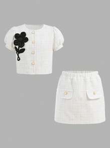 SHEIN Ensemble élégant pour jeune fille avec blouse à manches bouffantes courtes à simple boutonnage et jupe trapèze avec décor floral