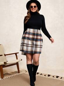 SHEIN Clasi 大碼格紋印花高腰半身裙