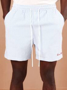 SUMWON Premium Seersucker Summer Shorts With Embroidered Logo, Casual Beach Holiday Striped Lounge Shorts, Classic Comfort Vacation Leisure Wear - Blue - View 5
