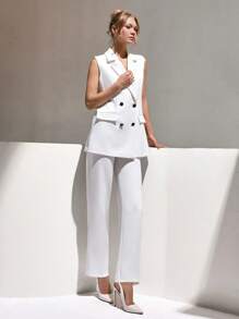 CLARA VERO Conjunto de traje elegante de dos piezas para mujer, chaqueta sin mangas de solapa doble botonadura con parches de unicolor y pantalones, ropa de verano profesional para mujer, conjunto de verano para mujer en color blanco - Blanco - Ver 5