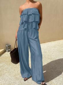 DAZY Women's Summer Solid Color Ruffle Hem Tube Top & Shorts Set,Women Two Pieces Sets