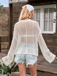 LanaWest Women's Loose Fit V-Neck Floral Hollow-Out Long Sleeve Sweater, Casual Everyday Wear Knit Pullover Fall Winter