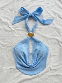 Soleia Top casual sin mangas de mujer para vacaciones, con cuello cruzado drapeado y espalda abierta con mariposa anudada, hecho de tela texturizada de punto, con decoración de concha metálica, para fiestas, citas, sexy, té de la tarde, playa, verano
