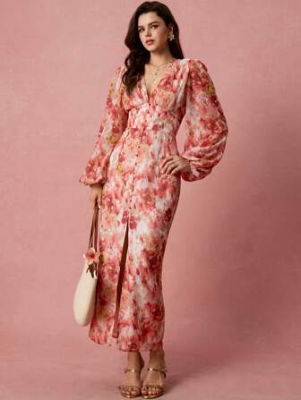 SHEIN Robe longue rétrécissante à la taille avec manches lanternes, col V et imprimé floral, style vacances printemps/été pour femmes