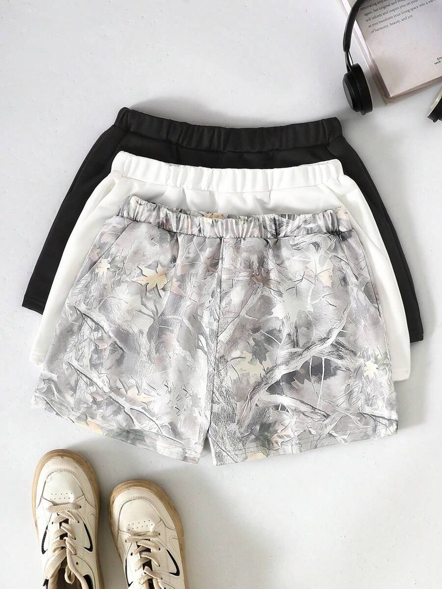 SHEIN Buy 1 Get 3 Free Teen Girls Sport & Casual Bare Tree Branch Print Monochrome Shorts Set