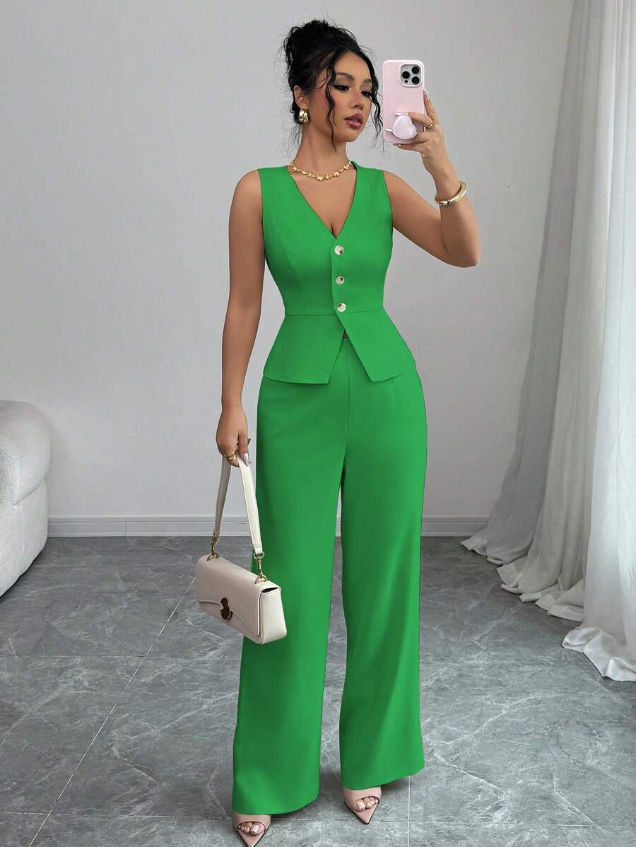 SHEIN Tall 1 conjunto de chaleco sin mangas y pantalón elegante para mujeres, estilo de negocios y viaje, para el verano - Verde - Ver 1