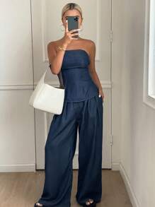 Livesso 女士夏季抹胸宽松休闲裤两件套，休闲牛仔套装 - 深色水洗藍 - 查看 5