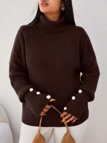 EURMUSE Plus Size Solid Color Minimalist Turtleneck Long Sleeve Pullover Sweater, Casual Everyday Wear - Brown - View 5