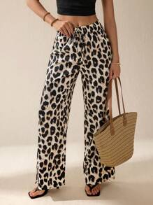 SHEIN Tall Pantalones largos casuales y relajados con estampado de leopardo para mujeres, ropa de mujer para verano y otoño - Marrón - Ver 8