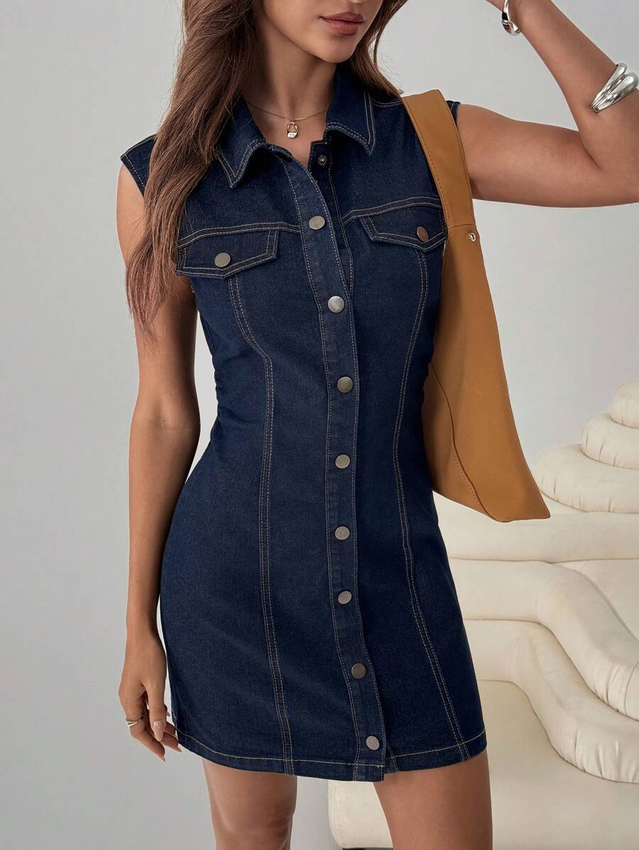 SHEIN EZwear Women's Fashion Minimalist Button Decor Sleeveless Short Denim Dress, Summer,Jeans Dress Short Dress Casual Dress Country Concert Outfit Short Women Dresses Going Out Outfits Cute Dress Western Dress