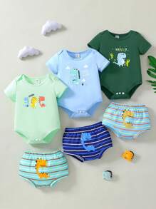 SHEIN 6件/包 婴儿可爱动物印花连体衣，多色多包装 - 彩色 - 查看 3